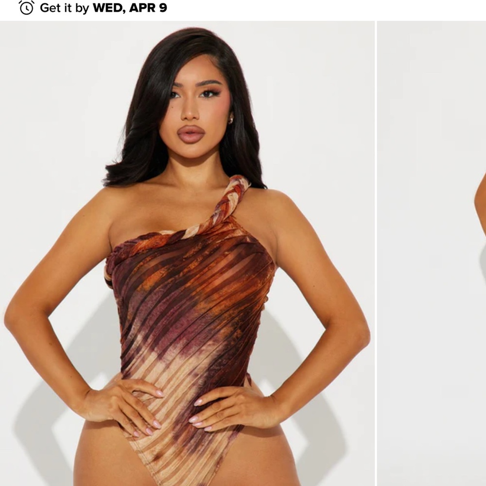 Brown and Tan One-Shoulder Swimsuit